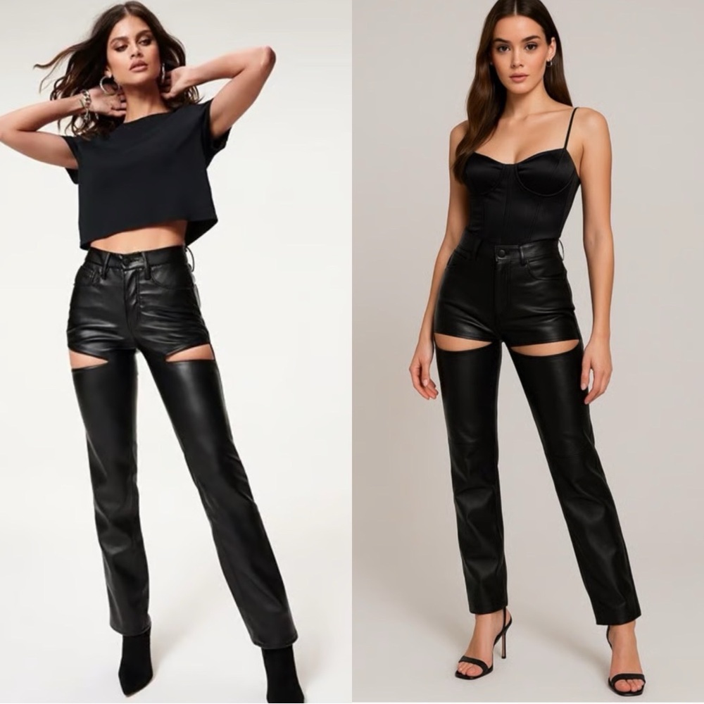 GOOD AMERICAN Icon Cut Out Vegan Faux Leather Black Pants Trousers